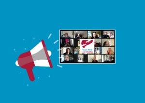 Image of megaphone announcement with a photograph of liver buddies on a group zoom chat